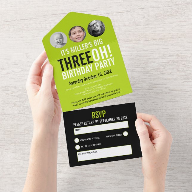 Green black 30th Birthday party custom photos All In One Invitation (Tearaway)