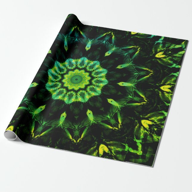 Green Black Abstract Flower Wrapping Paper (Unrolled)