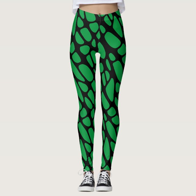 Green Black Abstract Organic Web Pattern Leggings (Front)