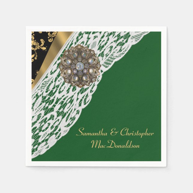 Green black and gold white lace wedding napkin (Front)