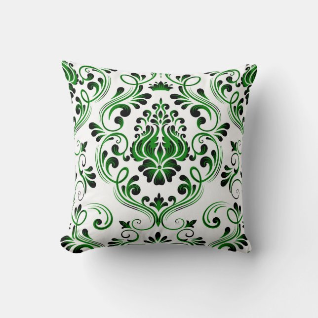 Green Black and White Damask Floral Pattern  Cushion (Front)