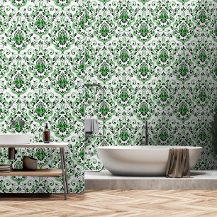 Green Black and White Damask Floral peel and stick Wallpaper