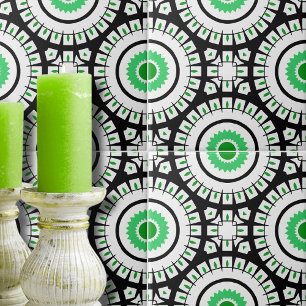 Green Black and White Ethnic Geometric Pattern Tile