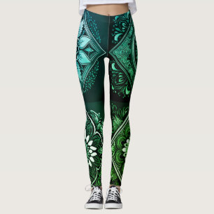Green, Black, and White Mandala Mystique Leggings