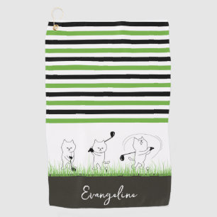 Green, Black and White Stripe Cat Golfer Golf Towel