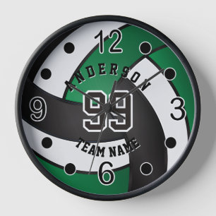 Green, Black and White Volleyball   Clock