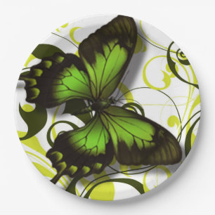 Green Black and Yellow Butterfly Artwork Scrolls Paper Plate