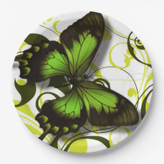 Green Black and Yellow Butterfly Artwork Scrolls Paper Plate