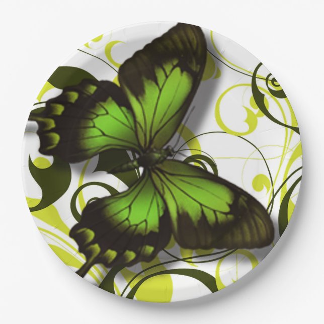 Green Black and Yellow Butterfly Artwork Scrolls Paper Plate (Front)