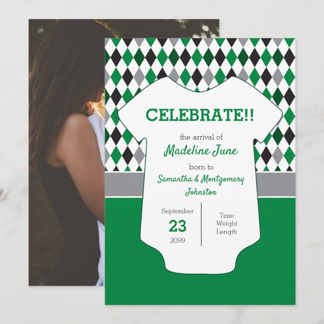 Green & Black Argyle Pattern Baby Photo Announcement (Front/Back)