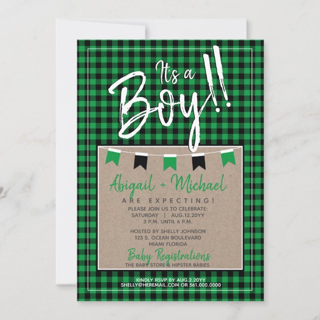 Green + Black Baby Boy Buffalo Plaid Baby Shower Invitation (Front)