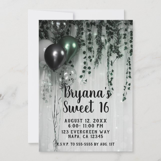 Green Black Balloons Ivy Jungle Party Sweet 16 Invitation (Front)