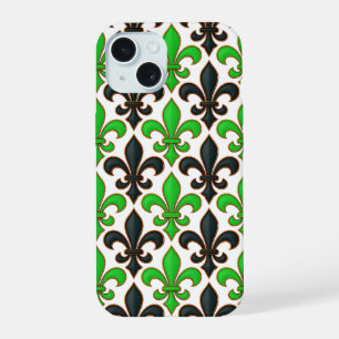 Green Black Baroque Fleur-de-lis Pattern Design iPhone 15 Case