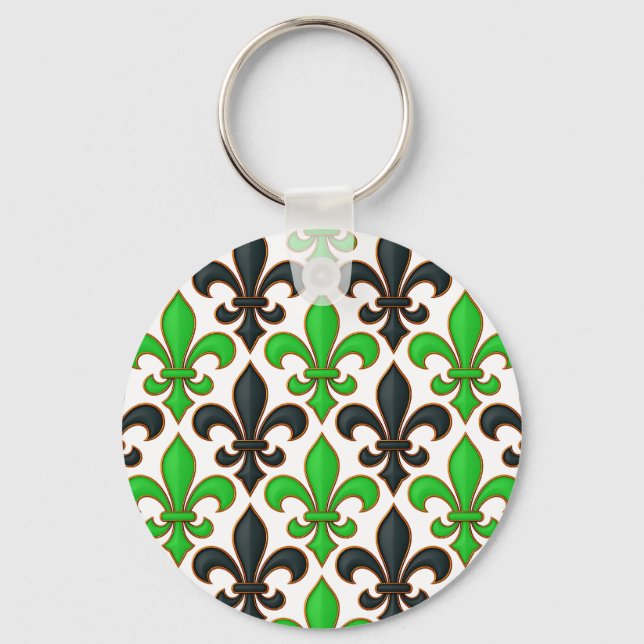Green Black Baroque Fleur-de-lis Pattern Design  Key Ring (Front)