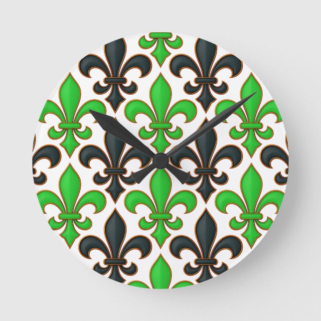 Green Black Baroque Fleur-de-lis Pattern Design  Round Clock (Front)
