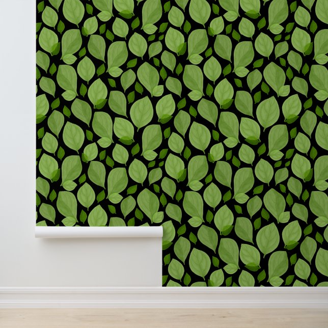 Green Black Basil Leaves Nature Hand Drawn Pattern Wallpaper (Application)