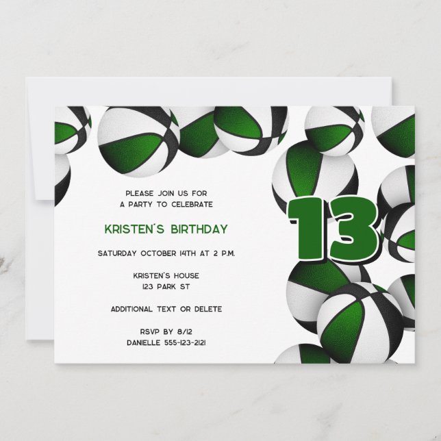 green black basketballs girls boys birthday party invitation (Front)