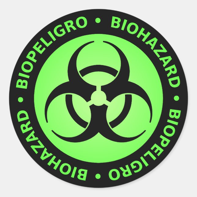 Green & Black Bilingual Biohazard Symbol Sticker (Front)