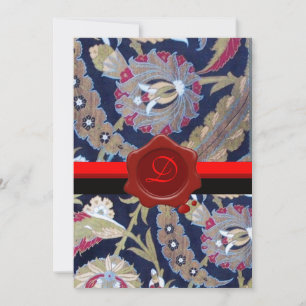 GREEN & BLACK BLUE DAMASK, RED WAX SEAL MONOGRAM INVITATION