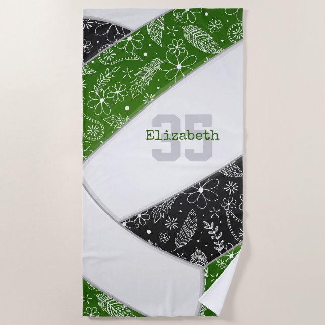 green black boho floral paisley girls volleyball beach towel (Front)