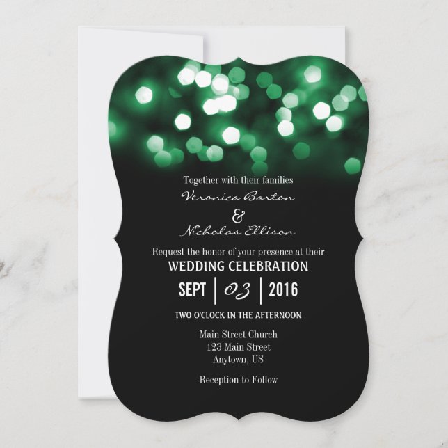 Green Black Bokeh Glitter Lights Wedding Invites (Front)