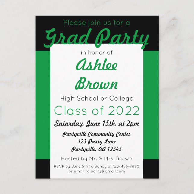 Green Black Bold Grad Party Graduation Invitation Postcard (Front)