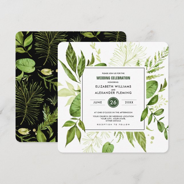 Green Black Botanical Watercolor Wedding Invitation (Front/Back)