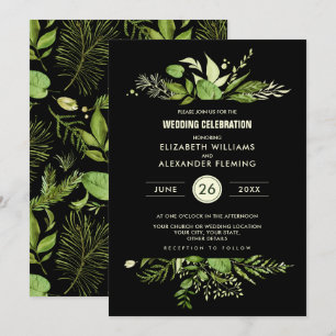 Green Black Botanical Watercolor Wedding Invitation