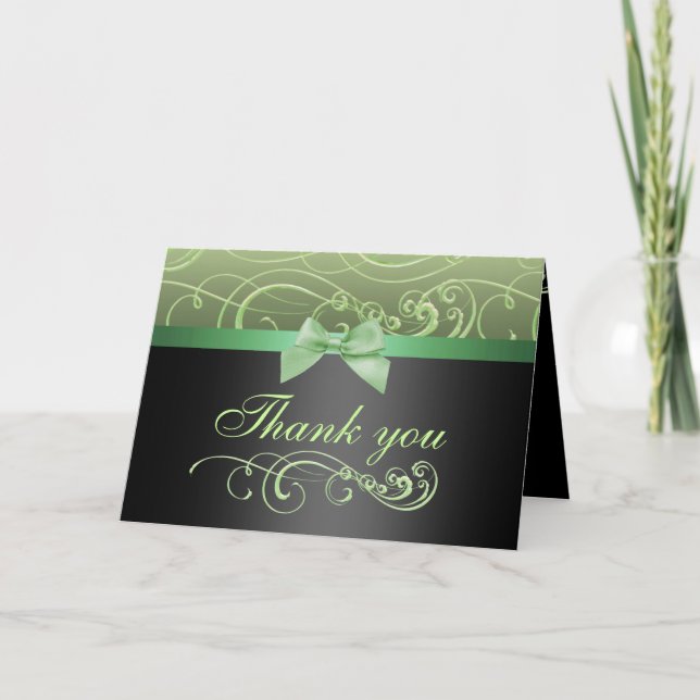 Green/Black Bow & Swirl Thank You Card (Front)