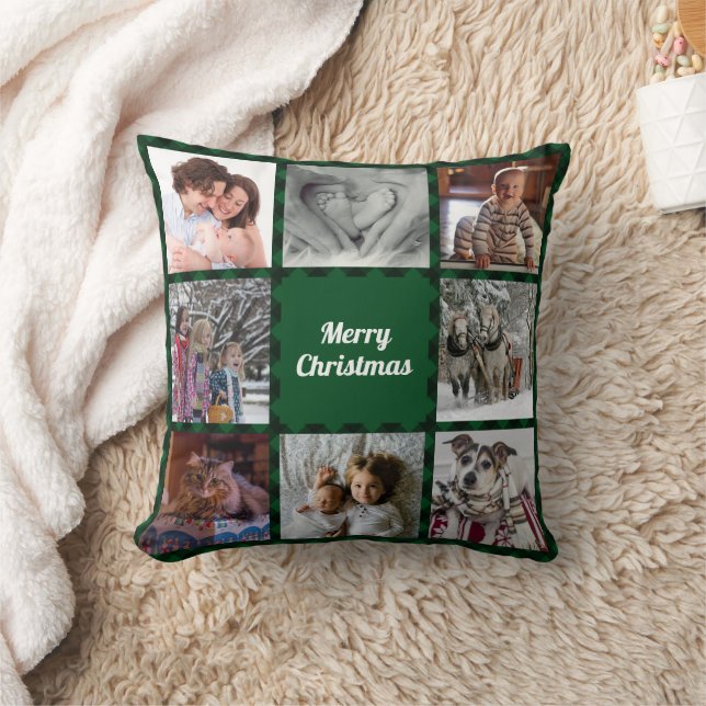 Green Black Buffalo Check Holiday Photo Collage Cushion (Blanket)