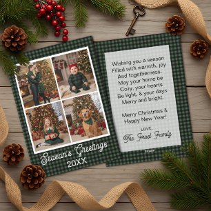 Green & Black Buffalo Plaid Custom Name and Text Holiday Card