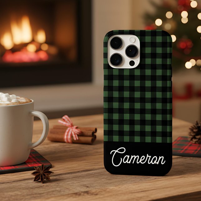 Green & Black Buffalo Plaid Custom Name iPhone Case (Creator Uploaded)