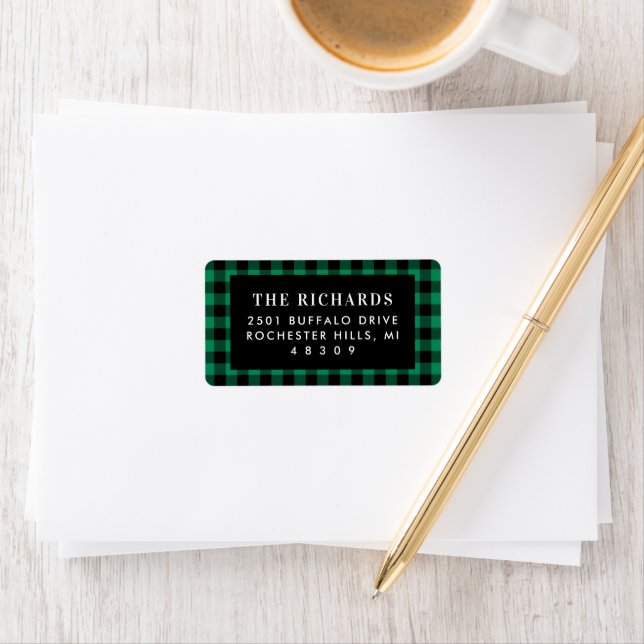 Green Black Buffalo Plaid Holiday Return Address Label (Insitu)