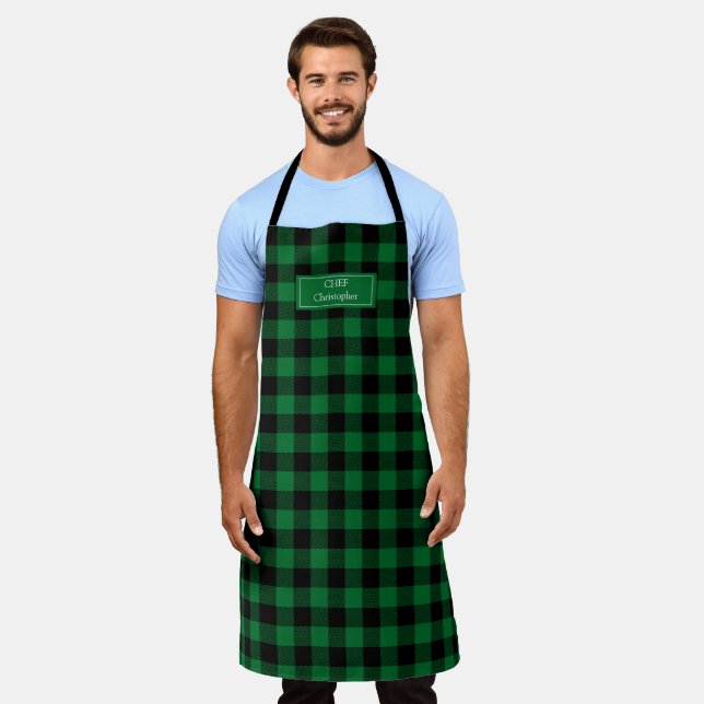 Green Black Buffalo Plaid Lumberjack Personalised Apron (Worn)