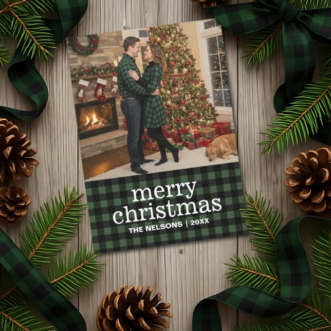 Green & Black Buffalo Plaid Merry Christmas Photo  Holiday Card (Creator Uploaded)