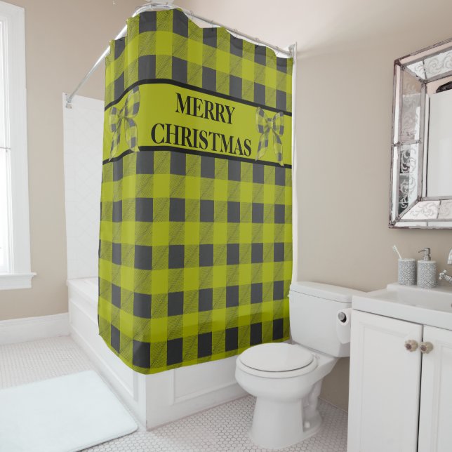 Green & Black Buffalo Plaid, Merry Christmas Shower Curtain (In Situ)