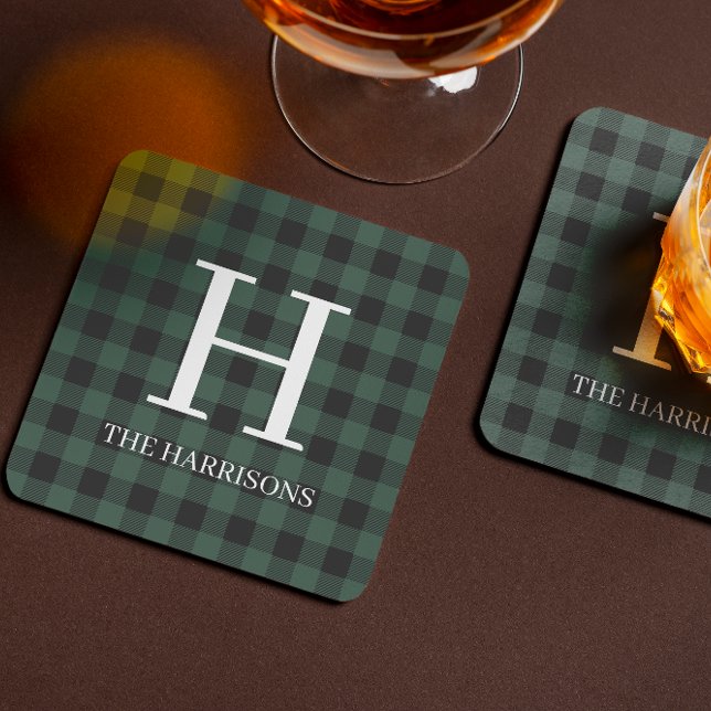 Green Black Buffalo Plaid Monogram Holiday Coaster (Creator Uploaded)