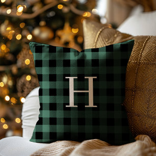 GREEN Black Buffalo Plaid Monogram Holiday Cushion