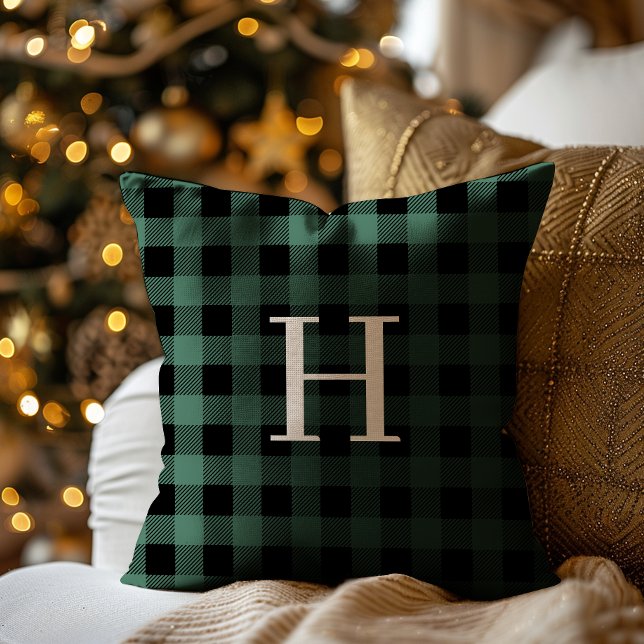 GREEN Black Buffalo Plaid Monogram Holiday Cushion (Creator Uploaded)
