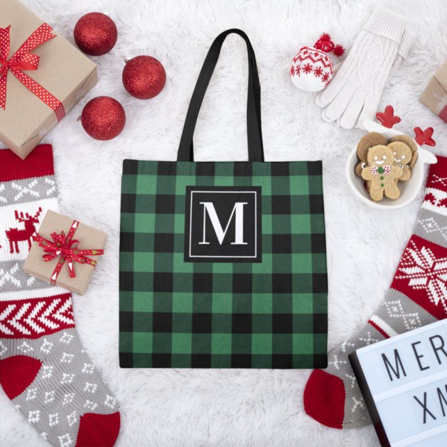Green Black Buffalo Plaid Monogram Initial Tote Bag (Creator Uploaded)