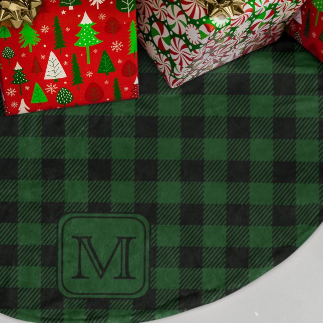 Green Black Buffalo Plaid Personalised Monogram Brushed Polyester Tree Skirt (Creator Uploaded)