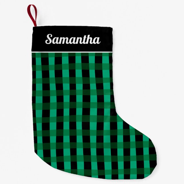 Green Black Buffalo Plaid Personalised Name Small Christmas Stocking (Front)