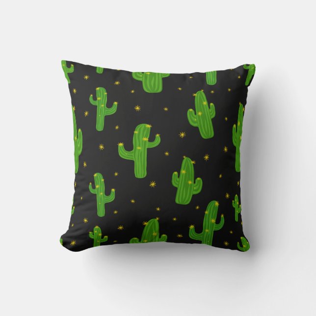 Green Black Cartoon Cactus Plant Patterned Cushion (Front)