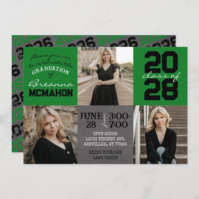 Green & Black Chalkboard 3 Photo Graduation Invitation (Creator Uploaded)