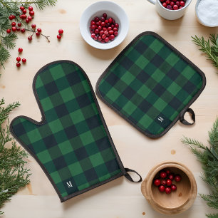 Green & Black Checkerboard Buffalo Plaid Monogram Oven Mitt & Pot Holder Set