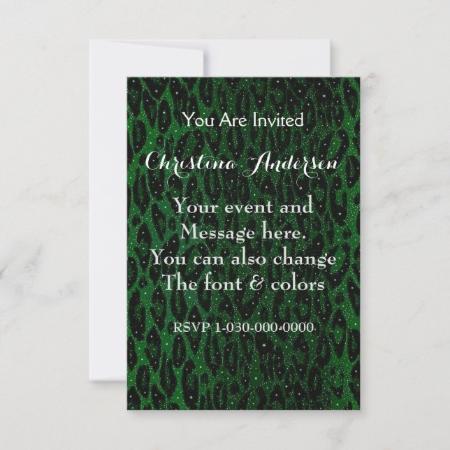 Green Black Cheetah Stars Invitation (Front)