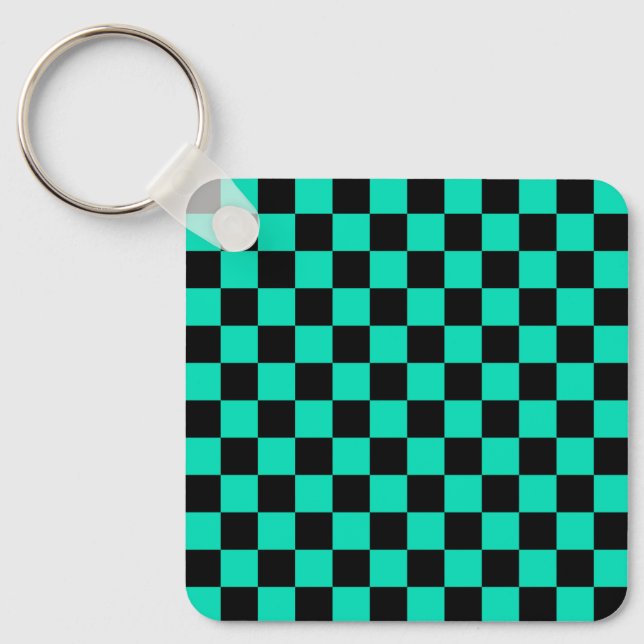 Green Black Chequered Check Pattern Key Ring (Front)