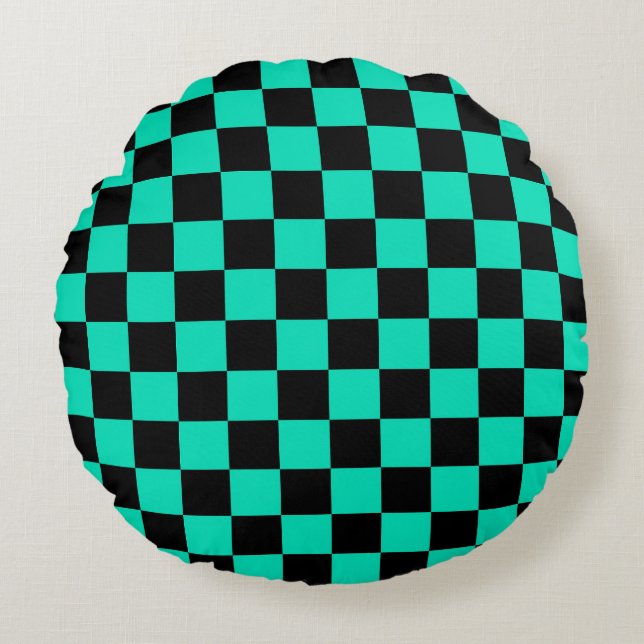 Green Black Chequered Check Pattern Round Cushion (Front)