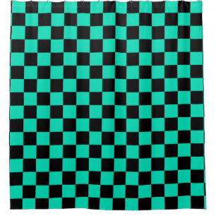 Green Black Chequered Check Pattern Shower Curtain