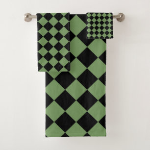 Green Black Chequered Diamond Pattern Bath Towel Set